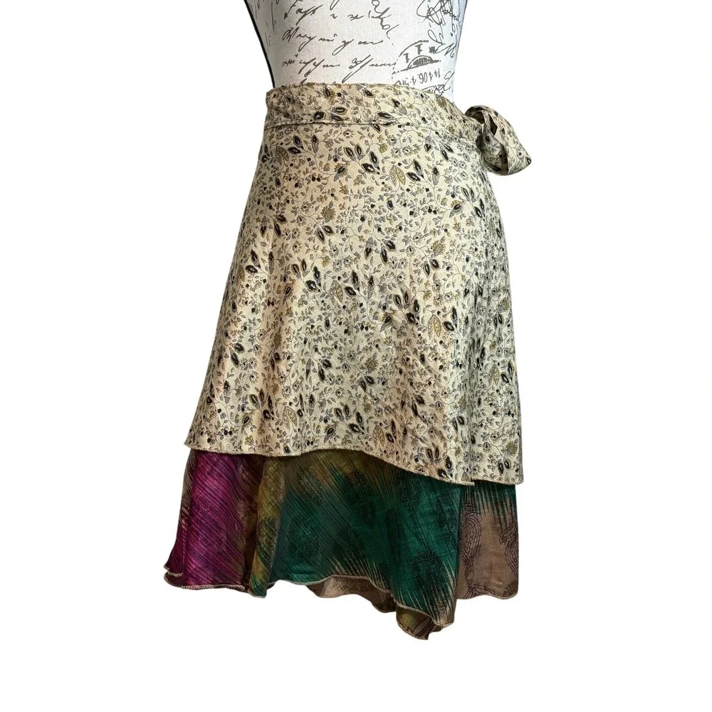 Reversible Silk Wrap Skirt Boho Floral Paisley Multicolor OS 21